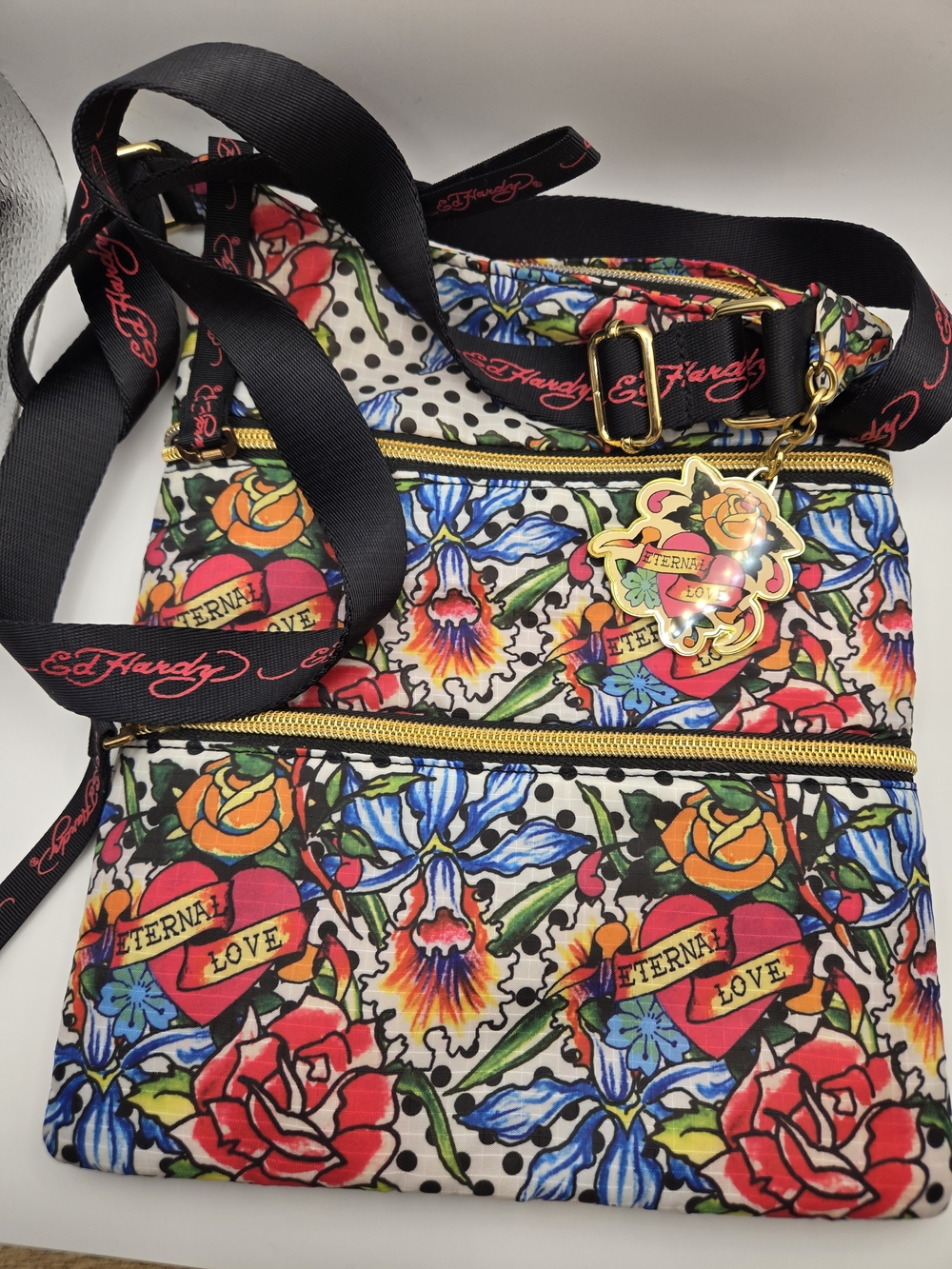 Ed Hardy Eternal Love Floral Tattoo Crossbody Bag Black Branded Strap Hearts Y2K